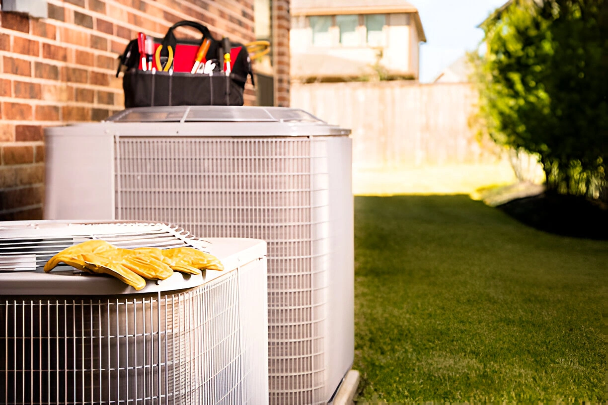 A clean outdoor AC condenser unit with clear clearance and no debris A clean outdoor AC condenser unit with clear clearance and no debris