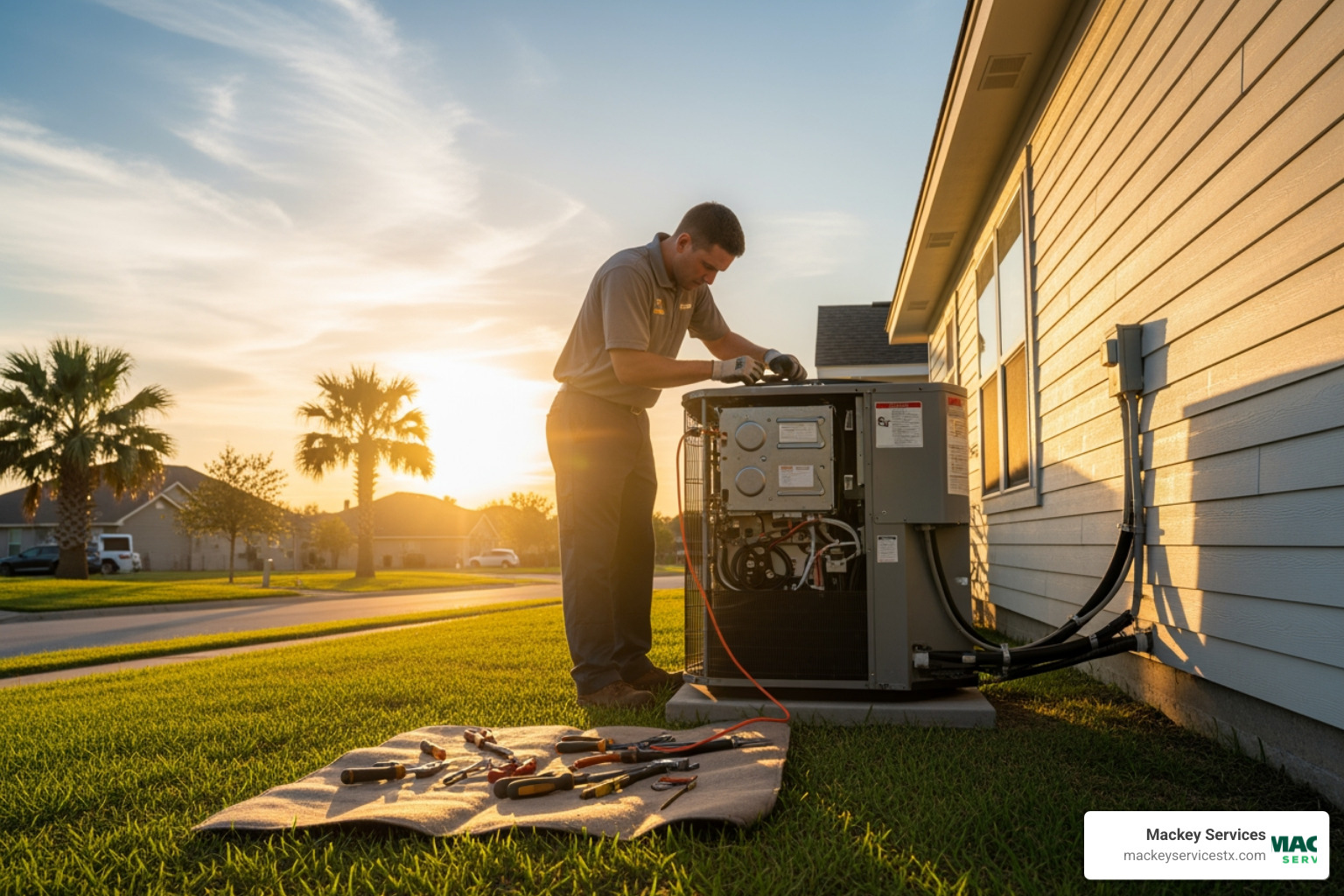 Infographic showing how Seabrook's salt air and humidity damage AC components: salt particles corrode outdoor unit coils and fins, moisture clogs condensate drain lines, high humidity overworks the compressor, and coastal winds carry debris into the condenser, reducing airflow and efficiency without regular maintenance - ac repair in seabrook, tx