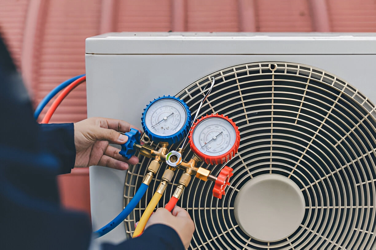 Professional HVAC technician inspecting a high-efficiency home comfort system