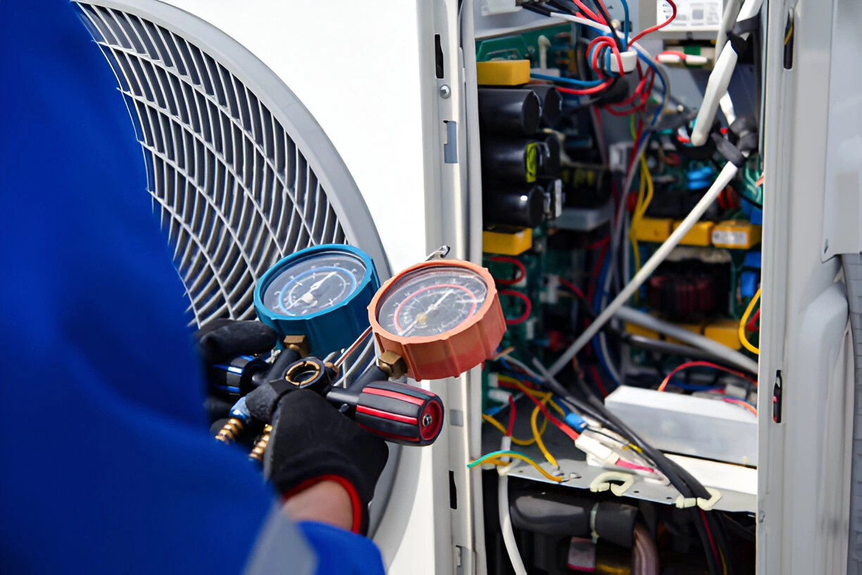 technician inspecting a dirty condenser coil technician inspecting a dirty condenser coil