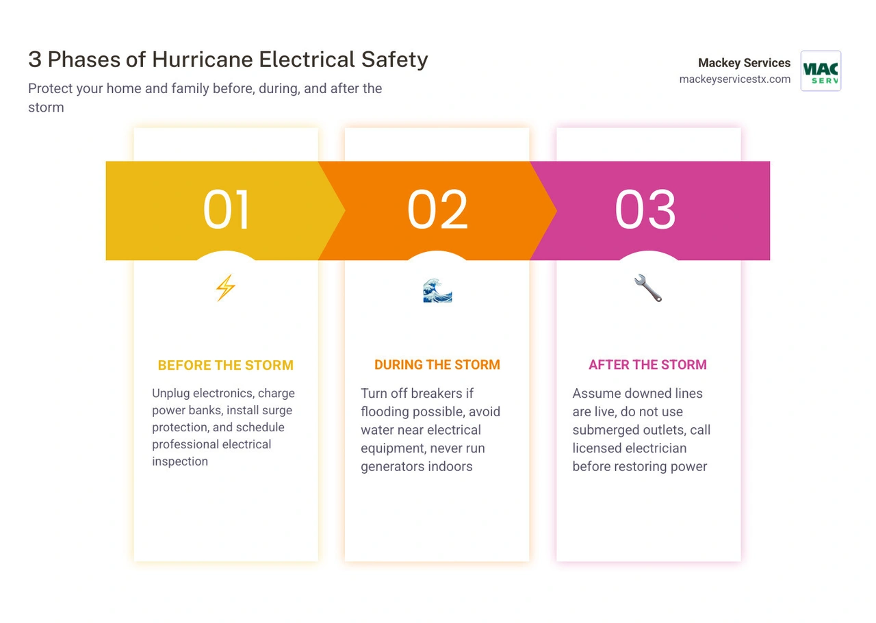 Infographic showing 3 phases of hurricane electrical safety: before, during, and after the storm infographic Infographic showing 3 phases of hurricane electrical safety: before, during, and after the storm infographic