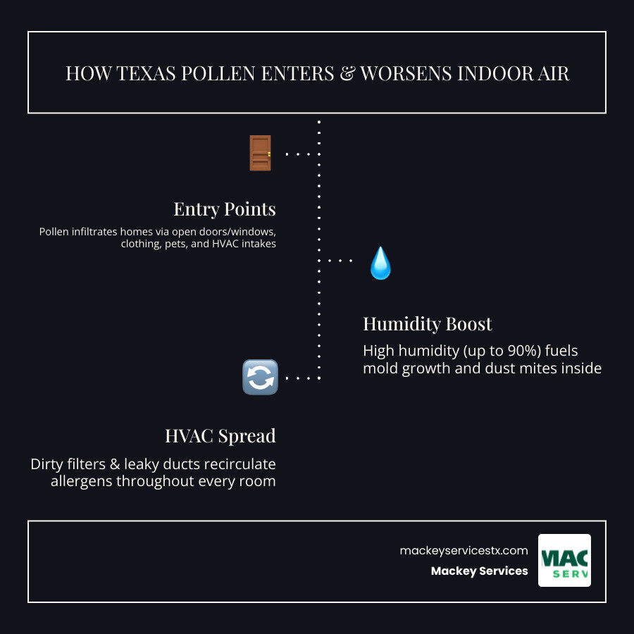 Infographic showing how Texas pollen enters homes, combines with humidity to fuel mold and dust mites, and circulates