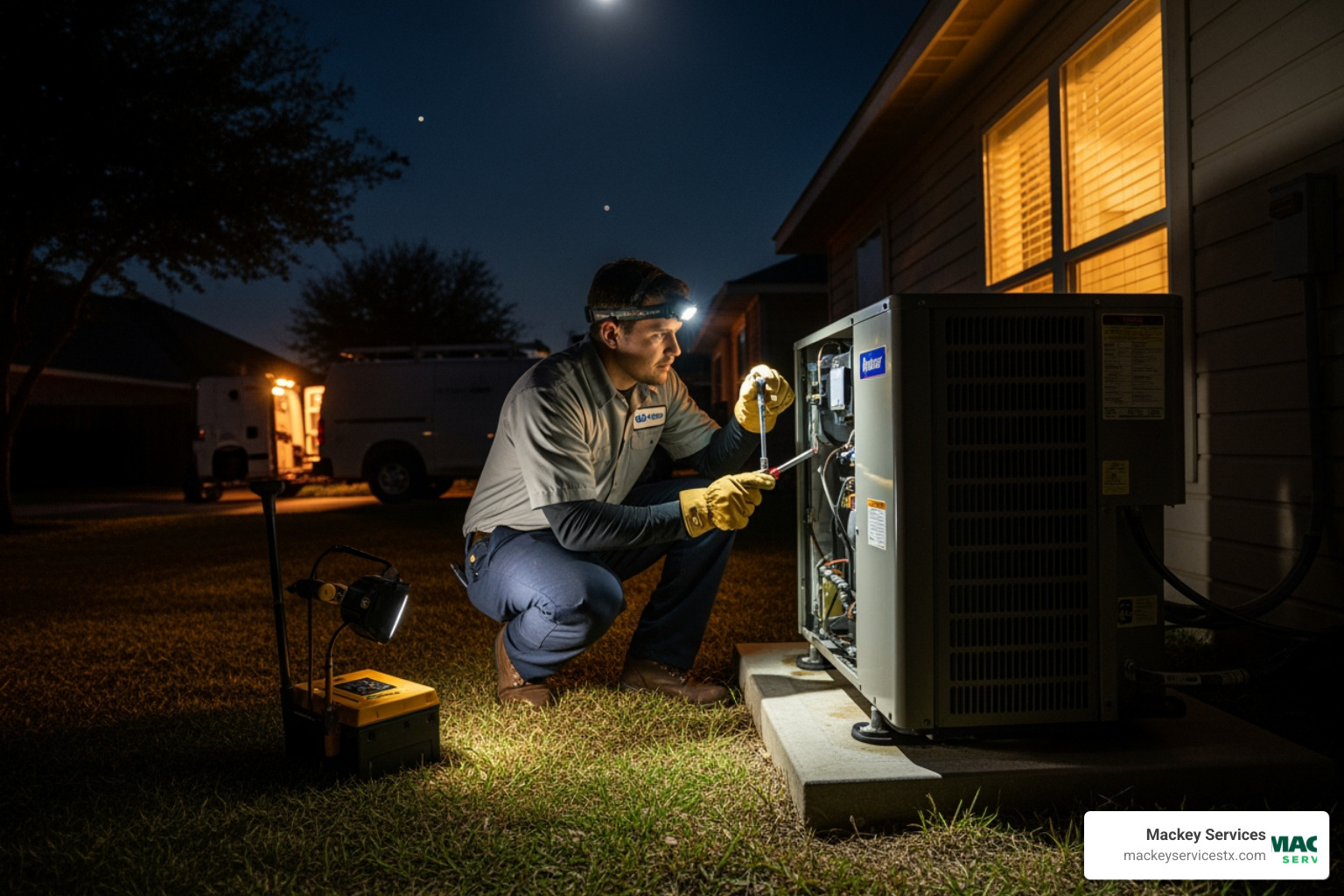 Infographic showing emergency heat pump troubleshooting steps: Step 1 - Check thermostat settings and replace batteries if needed. Step 2 - Verify circuit breaker hasn't tripped and reset if necessary. Step 3 - Inspect outdoor unit for debris blocking airflow or ice buildup. Step 4 - Replace or clean air filter if dirty or clogged. Step 5 - Call licensed HVAC professional if system still doesn't work. Includes icons for each step and a warning symbol indicating when to call for emergency service immediately: burning smells, sparking, or repeated breaker trips. - emergency heat pump repair in dickinson, tx