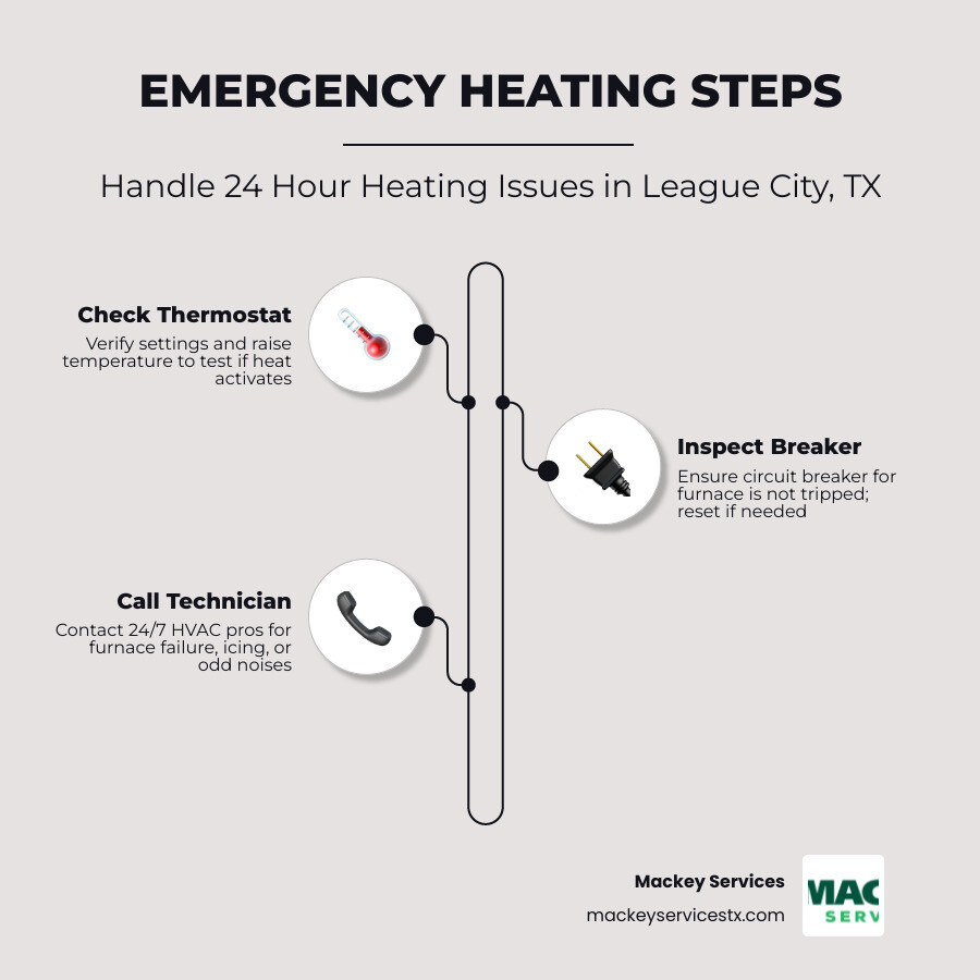 Infographic showing steps for emergency 24-hour heating maintenance in League City TX and when to call - 24 hour heating