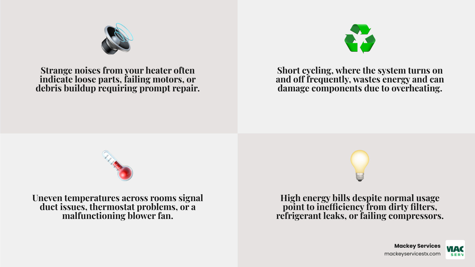Infographic showing how heating systems in Texas City combat coastal humidity and common repair warning signs - heating