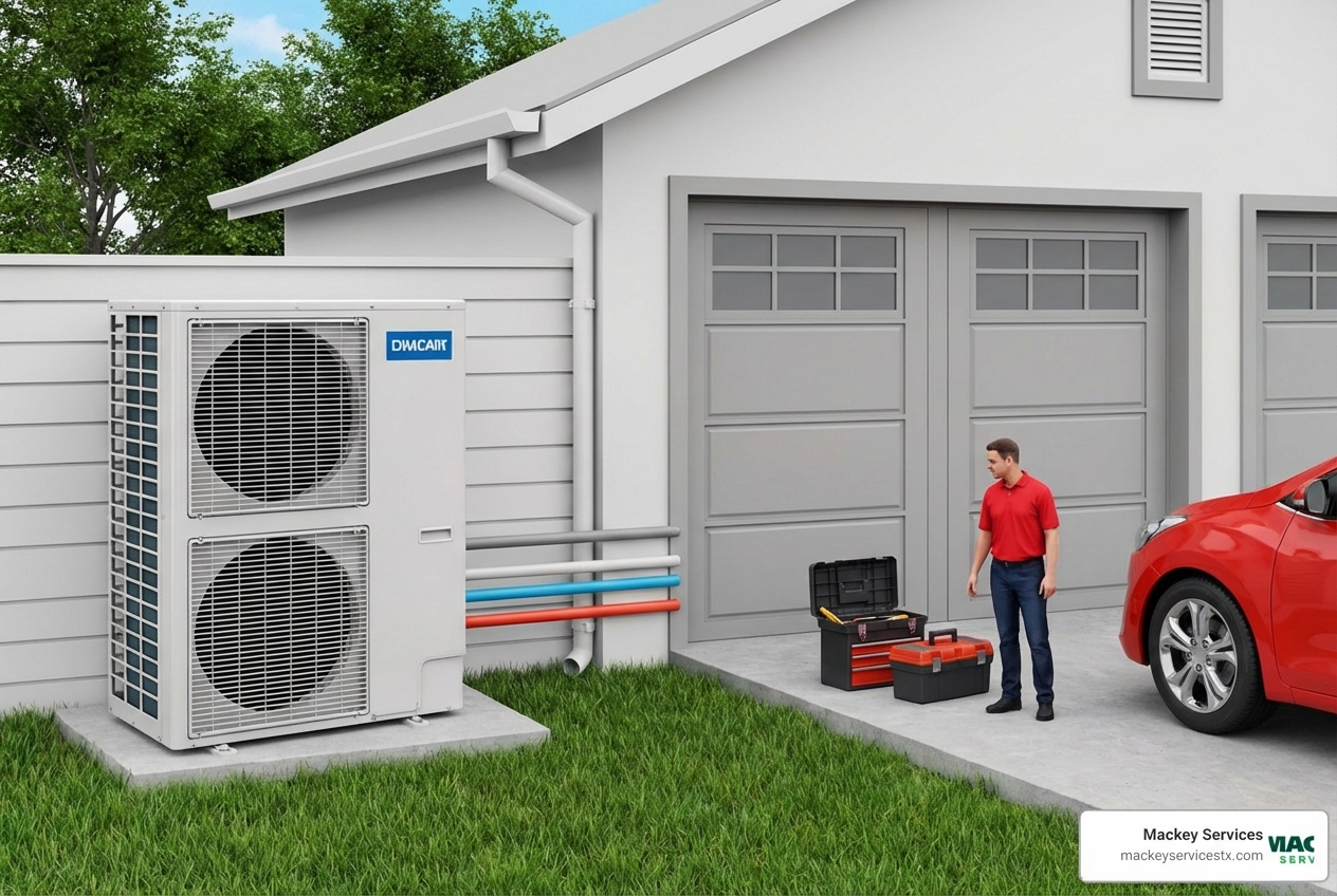 Infographic showing a heat pump system diagram with outdoor and indoor units connected by refrigerant lines, illustrating how the system switches between heating and cooling modes, with labeled components including compressor, coils, reversing valve, and air handler, plus indicators showing the system provides year-round comfort in moderate climates like Texas City - heat pump repair near me in texas city, tx
