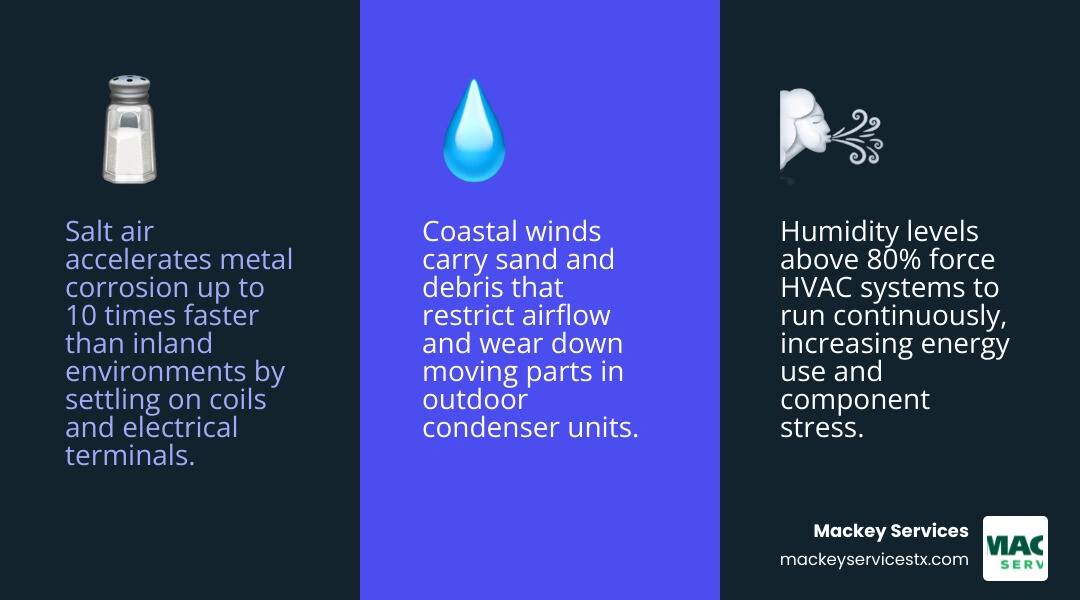 Infographic showing how salt air humidity and coastal winds shorten HVAC lifespan vs inland systems infographic Infographic showing how salt air humidity and coastal winds shorten HVAC lifespan vs inland systems infographic