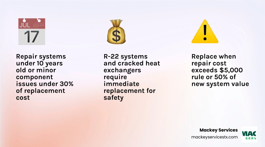 HVAC repair vs replacement decision matrix infographic with age, cost rules, and component failure signals infographic
