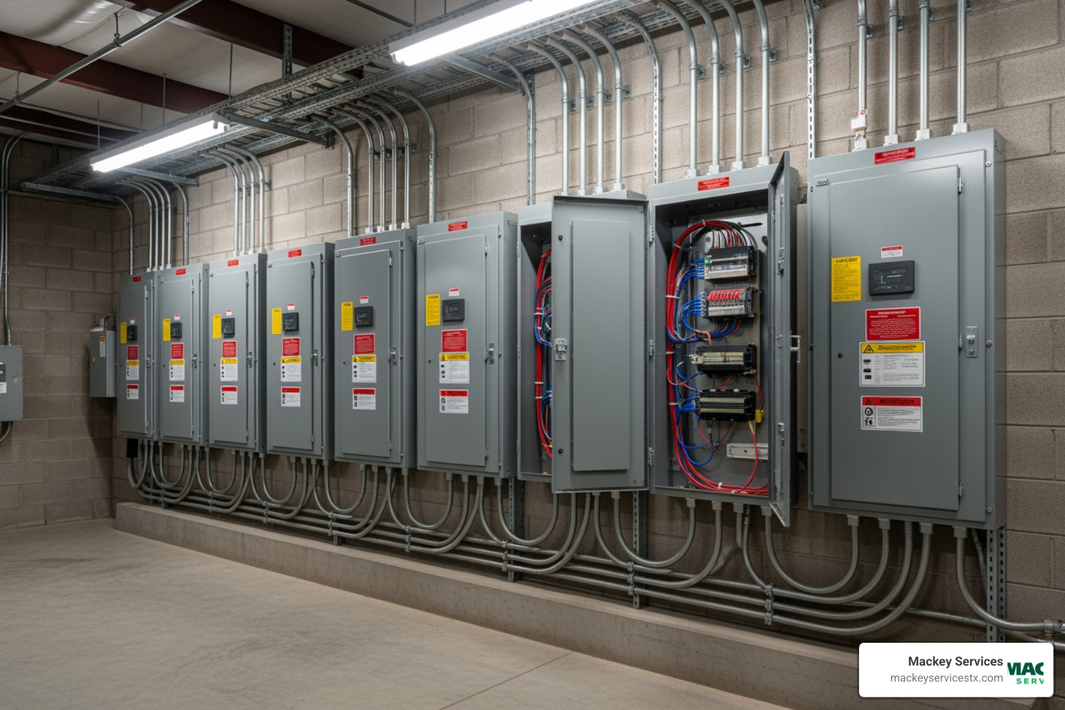 infographic showing the flow of electricity in a commercial building from the utility grid through the main electrical panel, sub-panels, circuit breakers, and finally to outlets and equipment, with labels for each component and capacity indicators - commercial electrical panels in dickinson, tx