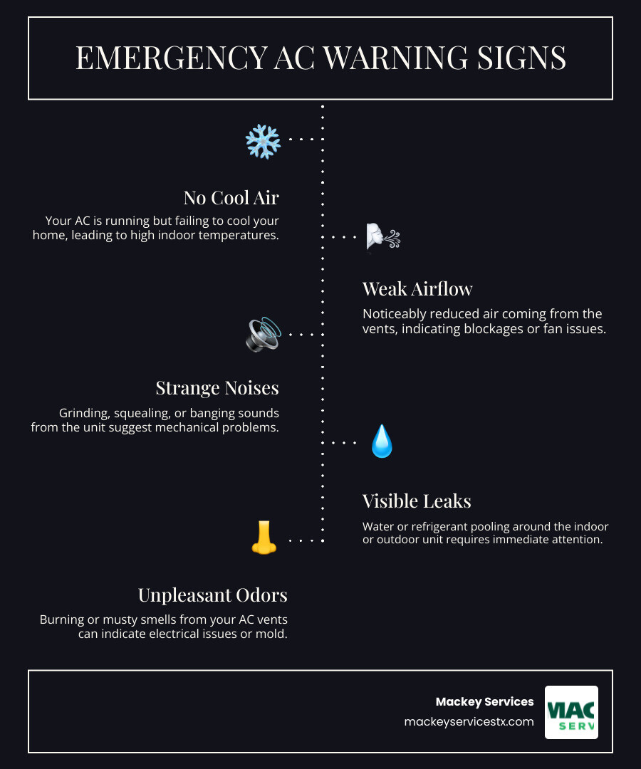infographic showing common AC emergency signs including no cool air, strange noises, leaks, high humidity, weak airflow, and burning smells, with icons representing each warning sign and a note that most AC failures occur May through October in Baytown TX - 24 hour ac maintenance in baytown, tx infographic infographic-line-5-steps-dark
