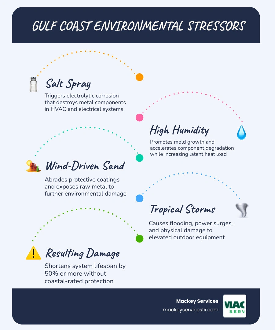 Infographic showing coastal environmental stressors including salt air, humidity, sand, and storms and their effects on HVAC Infographic showing coastal environmental stressors including salt air, humidity, sand, and storms and their effects on HVAC