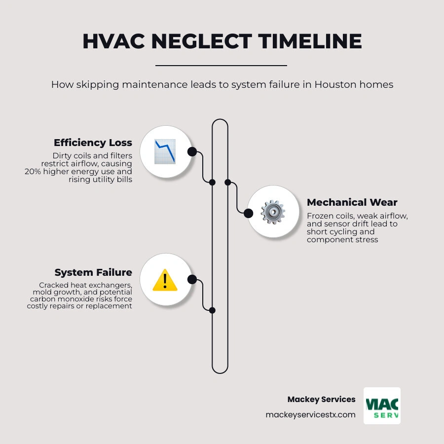 Timeline infographic showing HVAC neglect progression from efficiency loss to system failure infographic Timeline infographic showing HVAC neglect progression from efficiency loss to system failure infographic