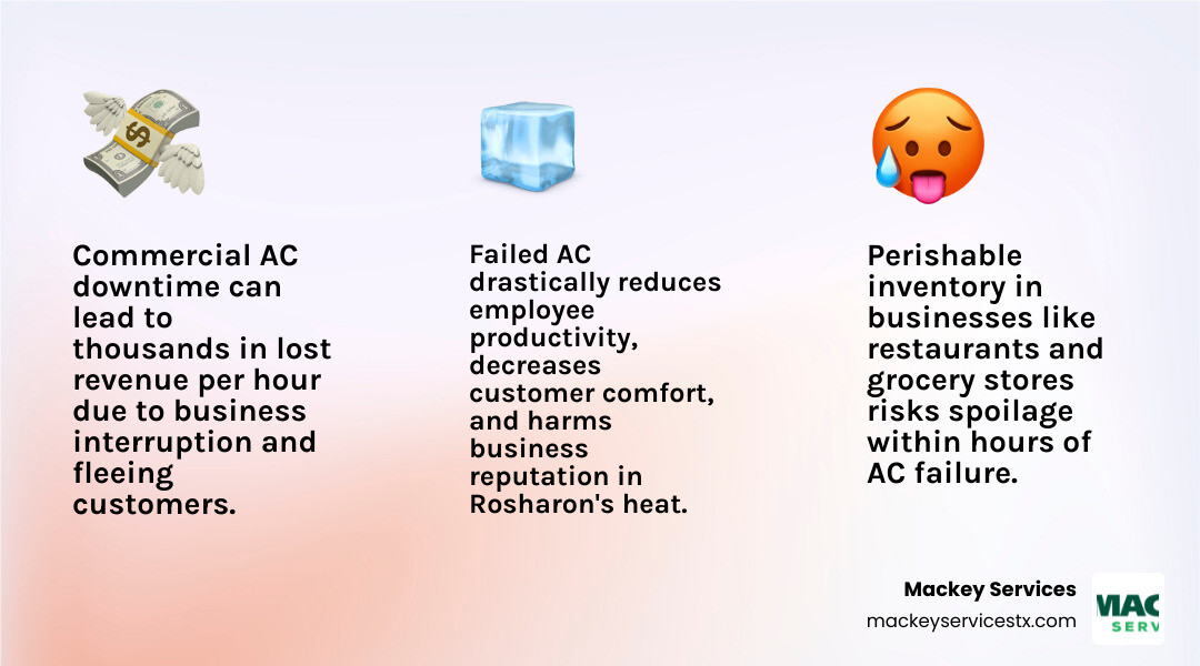 infographic showing the costs of commercial AC downtime including lost revenue per hour, employee productivity decline, inventory spoilage risks, customer complaints, and the average response time comparison between emergency services versus waiting until morning - 24 hour commercial ac maintenance in rosharon, tx infographic 3_facts_emoji_light-gradient infographic showing the costs of commercial AC downtime including lost revenue per hour, employee productivity decline, inventory spoilage risks, customer complaints, and the average response time comparison between emergency services versus waiting until morning - 24 hour commercial ac maintenance in rosharon, tx infographic 3_facts_emoji_light-gradient