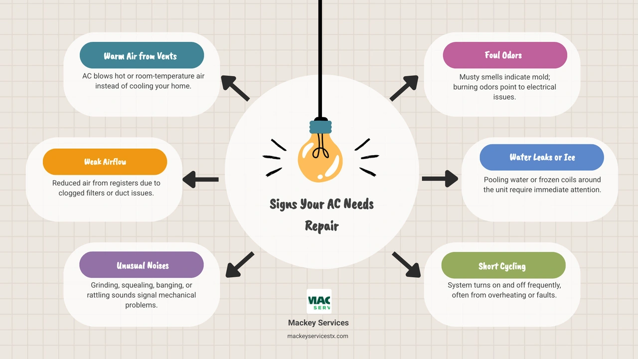 Infographic showing 9 common signs your AC needs repair including warm air, weak airflow, and high bills - signs your ac Infographic showing 9 common signs your AC needs repair including warm air, weak airflow, and high bills - signs your ac