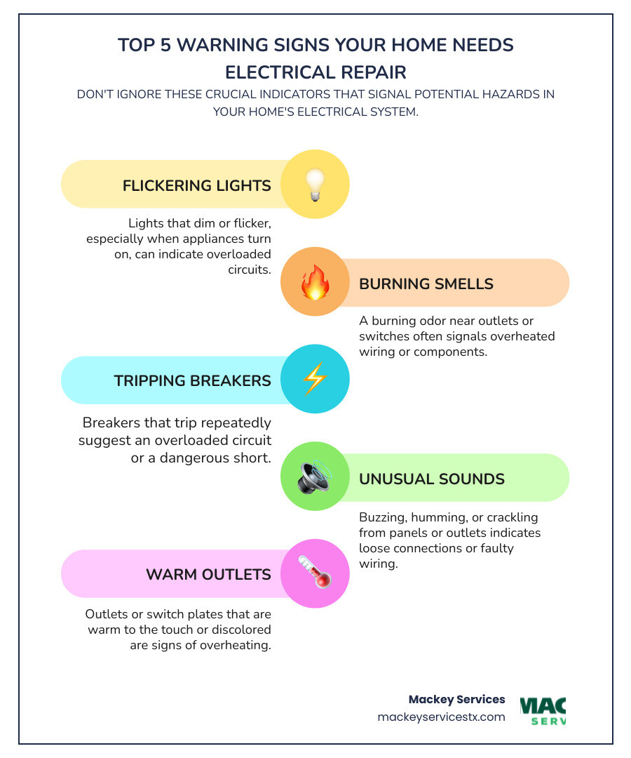 Infographic showing the top 5 warning signs your home needs electrical repair: flickering or dimming lights, burning smell from outlets or switches, frequently tripping circuit breakers, buzzing or crackling sounds from electrical panels, and warm or discolored outlets and switch plates - best electrical repair in league city, tx infographic infographic-line-5-steps-colors