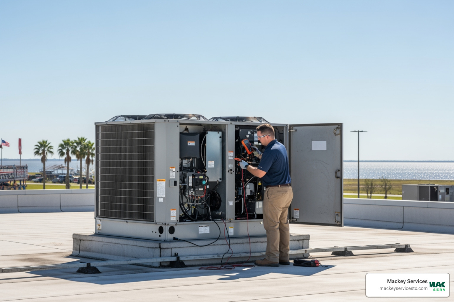 Infographic showing five key benefits of commercial AC maintenance: 1) Reduced energy costs through optimized performance, 2) Extended equipment lifespan by preventing premature wear, 3) Fewer emergency breakdowns through early problem detection, 4) Improved indoor air quality for healthier spaces, 5) Consistent comfort for customers and employees - commercial ac maintenance in seabrook, tx