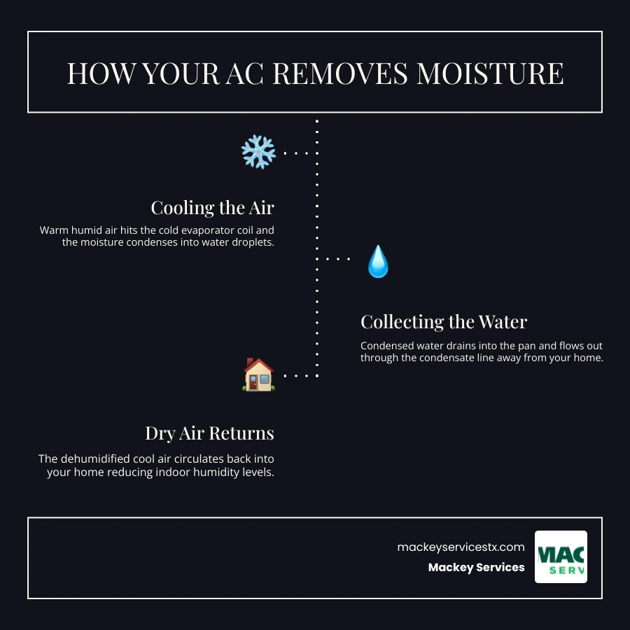 Infographic showing how AC units remove moisture and top causes of high indoor humidity with AC running infographic