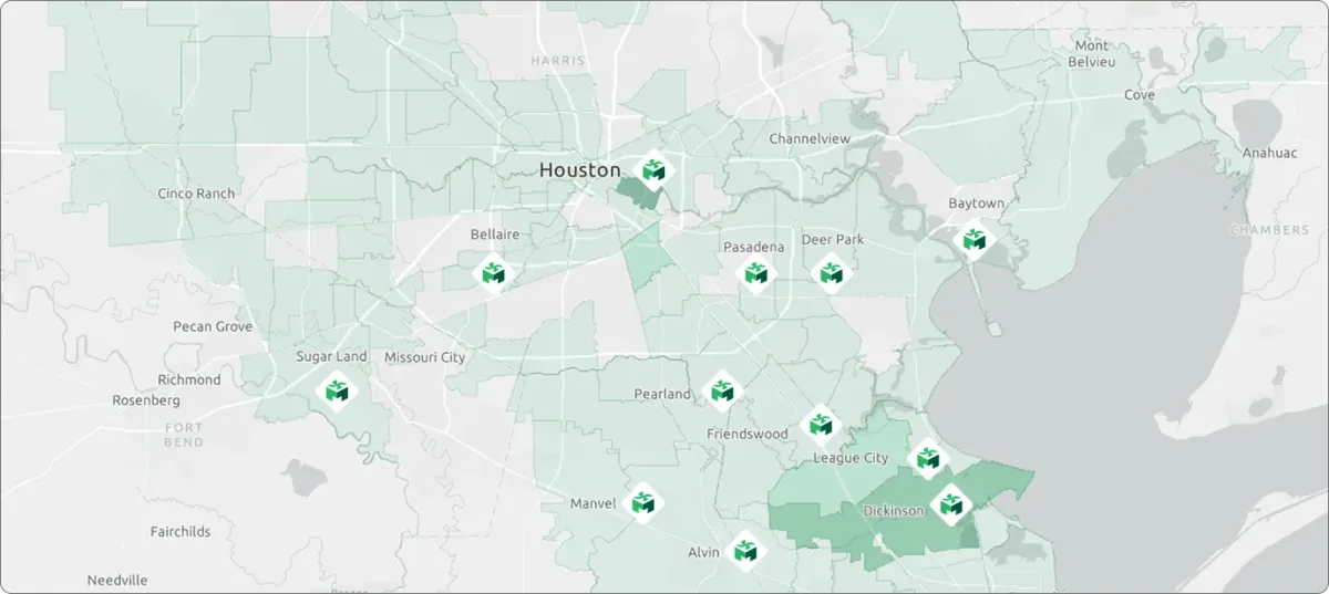 Map of the Mackey Services service area across greater Houston and Galveston County